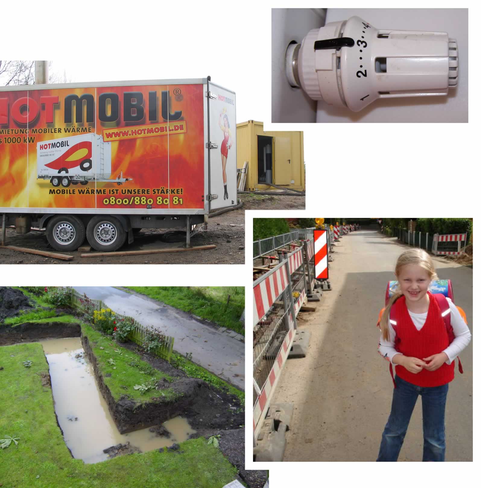 Sammelbild mit Hotmobil, Thermostatventil, voll Wasser gelaufenem Graben und ABC-Schützin Hannah
